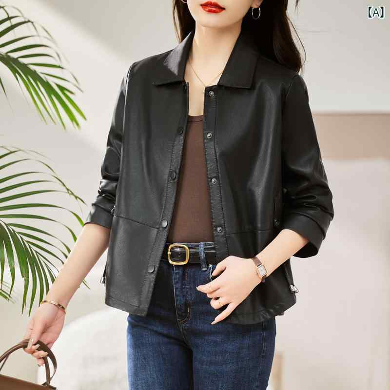 レザージャケット レディース 女性用 本革 羊革 ショート丈 短め エレガント きれいめ 通勤 オフィス カジュアル ゆったり オーバーサイズ 長袖 レトロ ファッション テーラード襟 チャイナボタン 切り替え 秋冬 ブラック 黄緑 普段使い