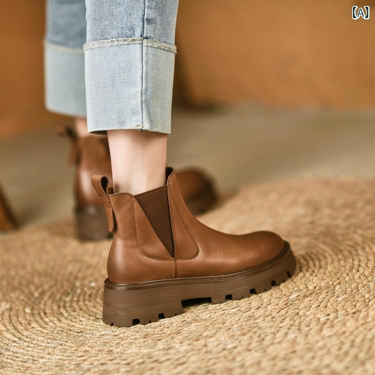ブーツ レディース 女性用 牛革 本革 レザー ショートブーツ アンクルブーツ 秋冬 レトロ クラシック 厚底 プラットフォーム ラウンドトゥ チャンキーヒール サイドゴア ゴム カジュアル デイリーユース｜Hanbok Home