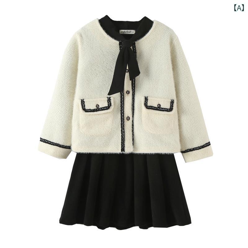 セットアップ キッズ 女の子 上品 ジャケット アウター スカート 2点セット 親子 お揃い服 ジュニア 秋冬 長袖 リボン付き 柔らか素材 ポリエステル 保温性 オフホワイト アイボリー シングルボタン