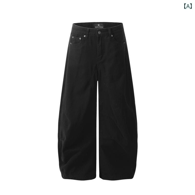 デニムパンツ メンズ アメリカンヴィンテージ ストリート オーバーサイズ ルーズフィット バナナシルエット ワイド デザイン切り替え プリーツ ウォッシュ加工 ノンストレッチ ロング丈 カジュアル