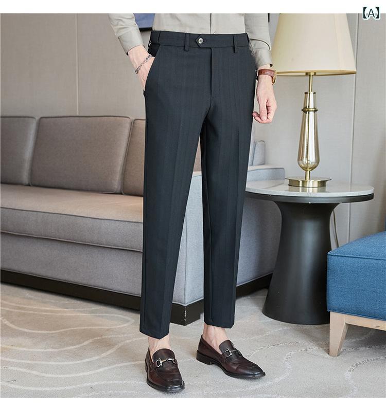 スラックス メンズ 男性用 秋冬 ストレート ストレッチ 伸縮性 スリムフィット 細身 ビジネス カジュアル 普段使い 上質 高級感 立体ストライプ ポリエステル 混紡素材 ロングパンツ