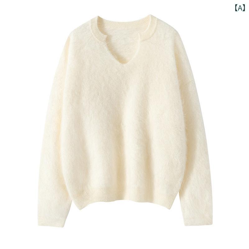 ニット レディース カシミヤ Vネック 長袖 プルオーバー ゆったり リラックス ドロップショルダー 起毛 暖かい 高級感 シンプル ベーシック 普段使い デイリーユース 秋冬