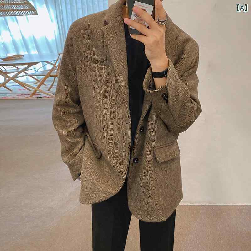 ジャケット メンズ 春秋 カジュアル 韓国ファッション トレンド ルーズフィット ビッグシルエット ゆったり ツイード ウール レトロ ヴィンテージ 万能 着回し スタイリッシュ こなれ感 アウター