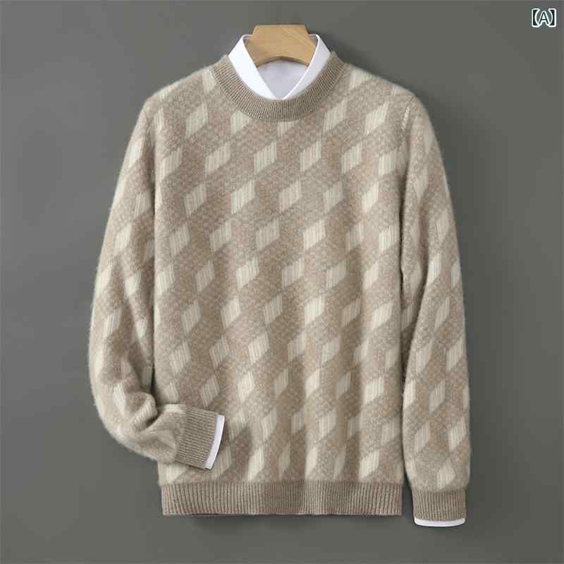 ニット メンズ 男性用 秋冬 クルーネック ゆったり ウール100% 厚手 切り替え 長袖 シンプル カジュアル 普段使い トップス セーター 多色展開