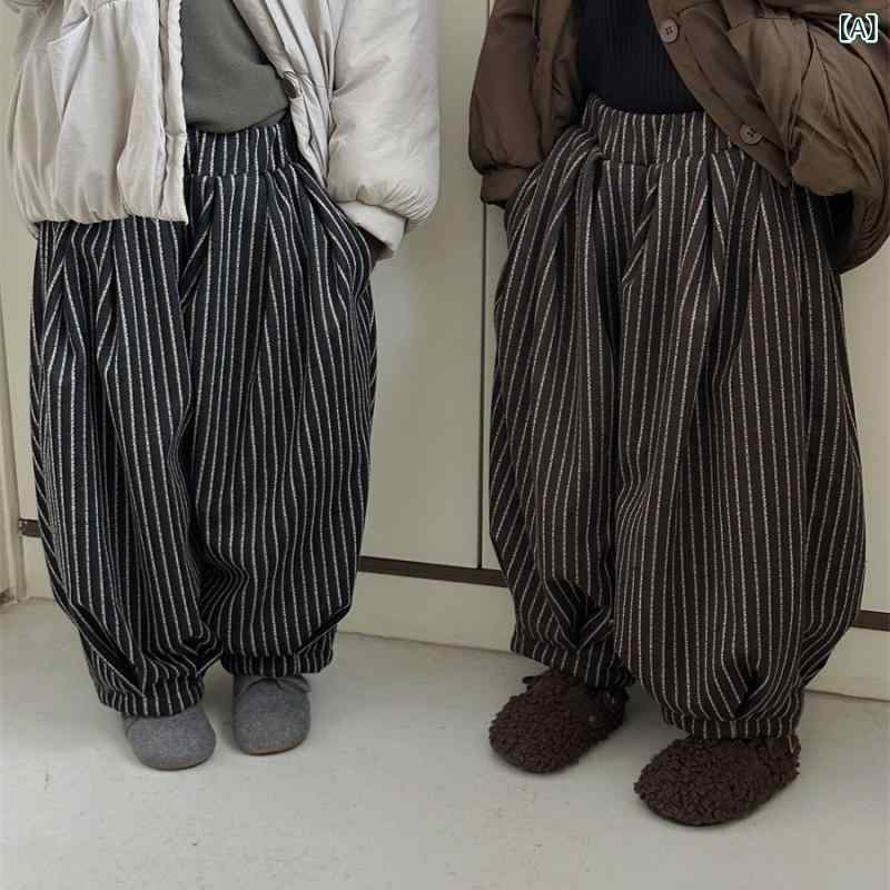 キッズ 男女兼用 子供 冬 裏起毛 厚手 防寒 ウール調 ストライプ バルーン ロング丈 カジュアル かわいい ハイウエスト 普段使い 通園 通学 ブラック コーヒー色