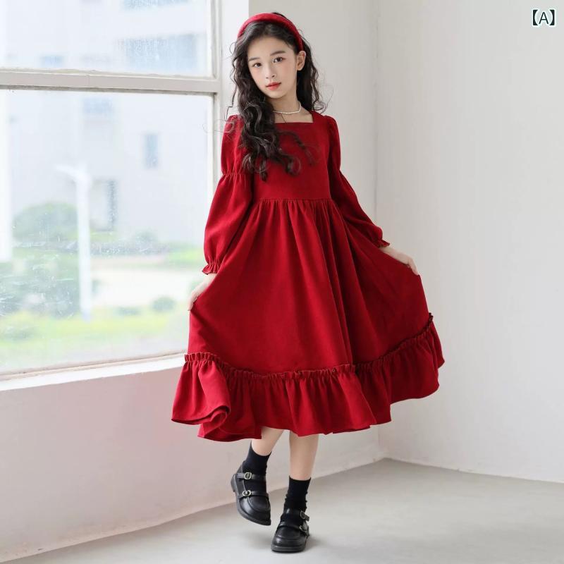 ワンピース 女の子 ジュニア ロリータ プリンセス風 レトロ クラシック 韓国風 長袖 フリル ティアード 柔らか綿 コットン かわいい お出かけ 発表会 フォーマルドレス