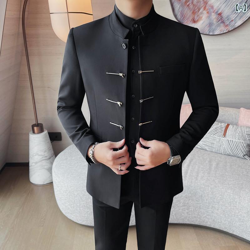 スーツ メンズ 中山服 唐装 チャイナスーツ 中国服 中華風 立ち襟 マンダリンカラー スリムフィット 結婚式 披露宴 フォーマル 礼服 舞台 ステージ 衣装 発表会 パーティー イベント 黒 ブラック ノーアイロン 形態安定