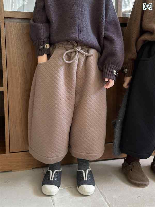 キッズ パンツ 男女兼用 子供服 裏起毛 厚手 チェック柄 ワイドストレート ゆったり ルーズフィット 8分丈 アンクル丈 コットン 秋冬 カジュアル おしゃれ カーキ ブラック