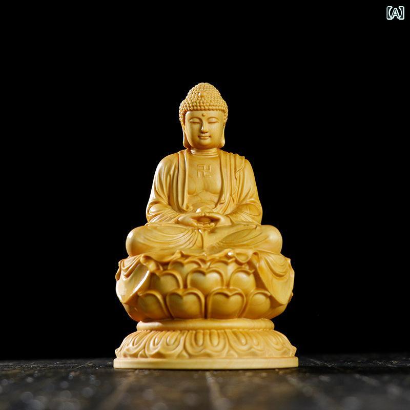 仏像 釈迦牟尼仏 坐蓮 黄楊木製 精巧 木彫り 置物 オブジェ インテリア 瞑想 癒し 仏壇用 車内用 開運 新中国風 工芸品 ギフト