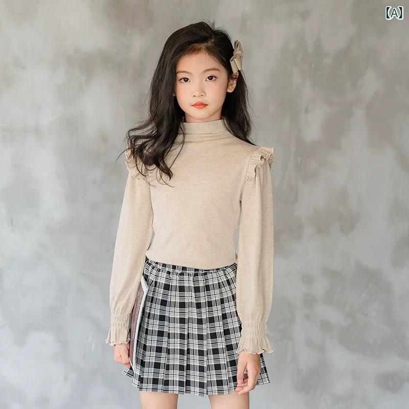 ニット ガールズ ジュニア 長袖 ハイネック トップス 綿 コットン インナー カットソー アプリコット 無地 ボーダー 柔らか 優しい肌触り 起毛 韓国風 秋冬
