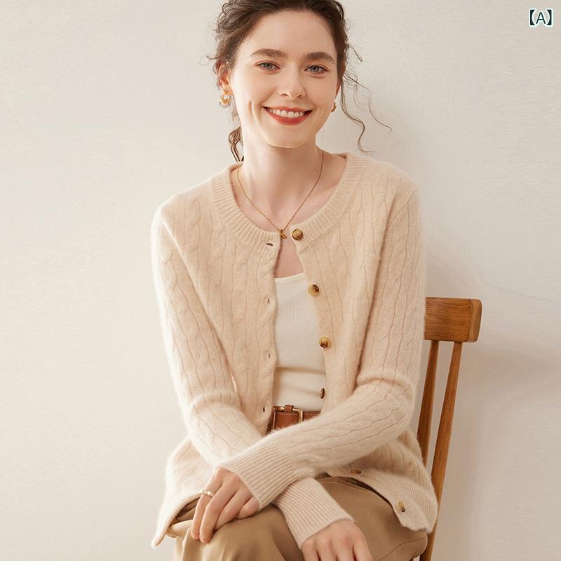カーディガン レディース 秋冬 カシミヤ ケーブルニット ショート丈 クルーネック 長袖 ゆったり 厚手 暖か エレガント 通勤 カジュアル シングルボタン 前開き 上着