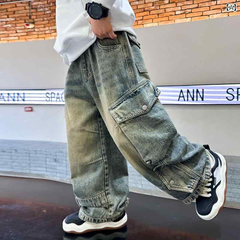 デニムパンツ 男の子 中大童 ワークテイスト カーゴポケット レトロ ヴィンテージ ワイドレッグ ゆったり カジュアル ストリート 綿混 春秋 ブルー ジーンズ