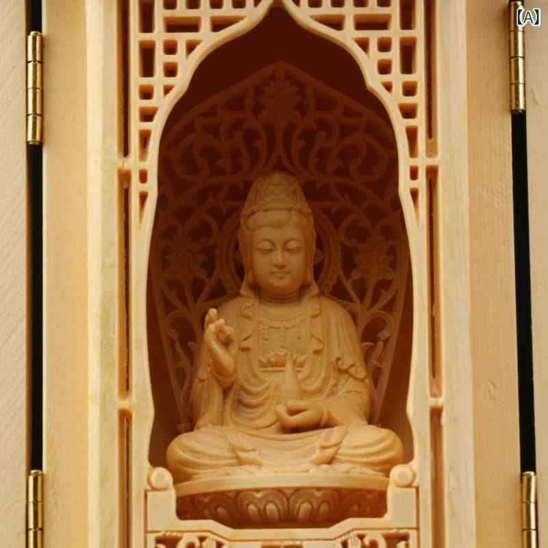 仏像 檜 ひのき 精巧彫刻 繊細 手彫り 携帯用 持ち運び 仏龕 厨子 三つ折り 三面開き 観音 地蔵菩薩 如来 礼拝用 新中国風 モダン 置物 飾り物