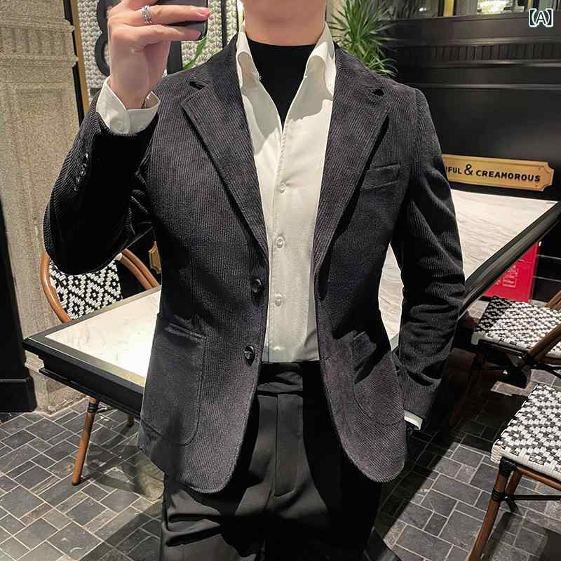 テーラードジャケット メンズ 男性用 ブラック コーデュロイ シングルブレスト スリムフィット 細身 韓国ファッション 韓流 カジュアル ビジネス イージーケア 上質 秋冬
