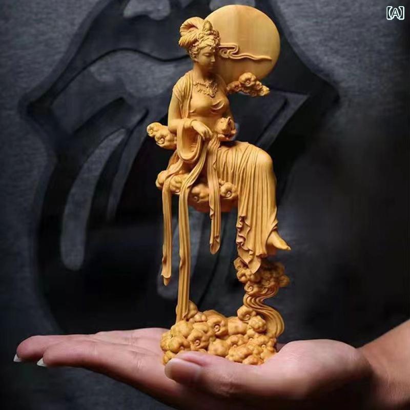 木彫り オブジェ 中国神話 嫦娥 抱き兎 美人像 月の女神 崖柏 無垢材 木製 手彫り 精巧 高級感 新中華風 リビング 玄関 書斎 室内装飾 ディスプレイ 工芸品 縁起物