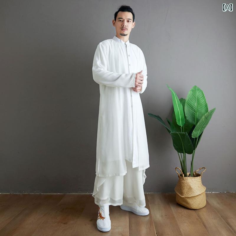 シャツ メンズ 男性用 ウォッシュ加工 綿麻 スタンドカラー 立ち襟 中国風 チャイナ風 長衫 トップス 羽織 カジュアル リラックス 普段使い 白 ホワイト 春秋