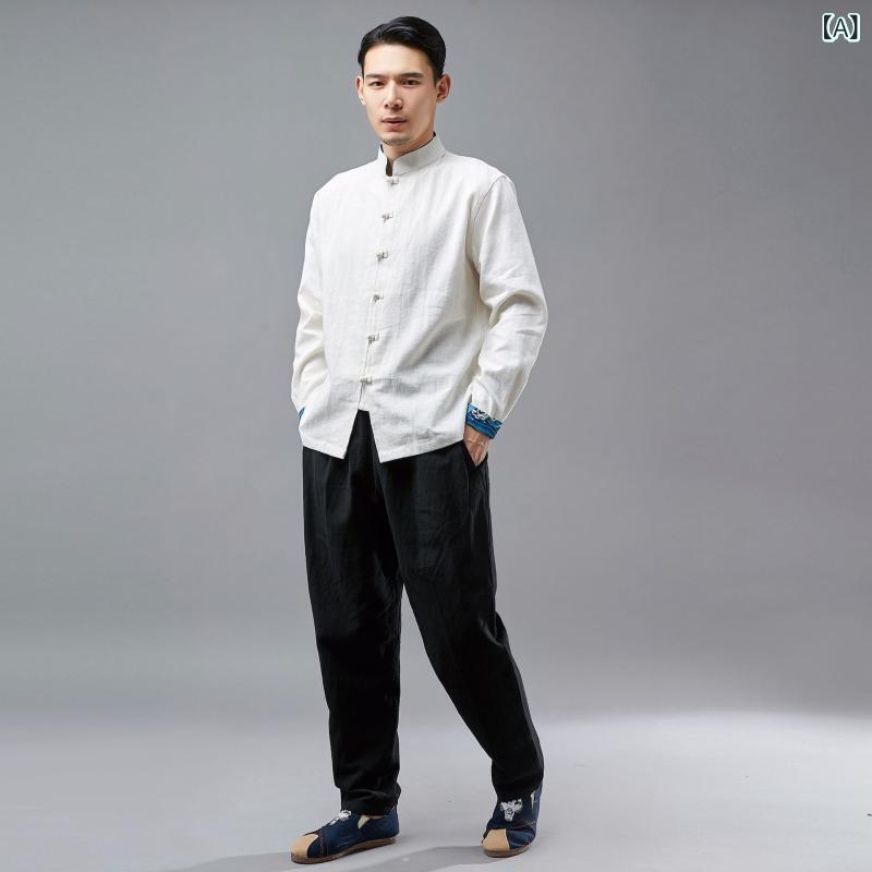 シャツ メンズ 麻 リネン スタンドカラー チャイナボタン 飾り結び エスニック 波柄袖 カジュアル リラックスウェア 男性用トップス