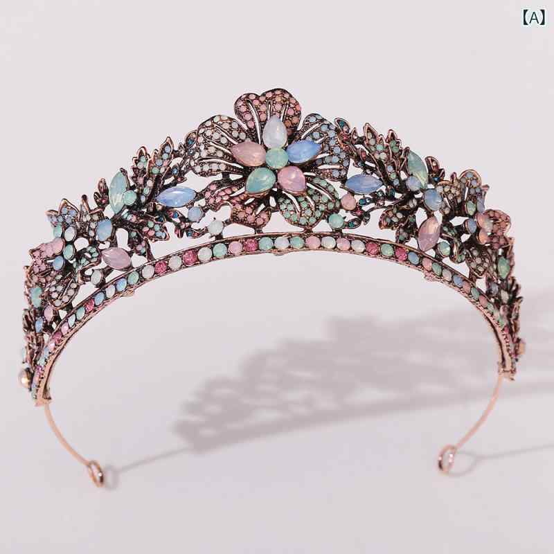 ヘッドドレス 女性用 結婚式 ブライダル ウェディング ティアラ 王冠 バロック調 宮殿風 リーフ 葉っぱ ラインストーン カラフル 合金 高級感 エレガント 披露宴 パーティー 前撮り 古紅銅 アンティークレッド