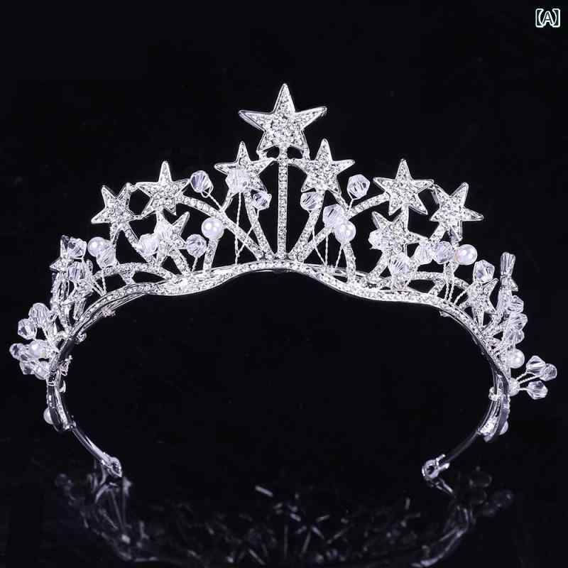 ヘアアクセサリー 花嫁 レディース ブライダル ウェディング 結婚式 披露宴 二次会 パーティー 韓国風 上品 五つ星 スターモチーフ ジルコニア ビーズ ハンドメイド ティアラ 合金製 キラキラ 華やか エレガント