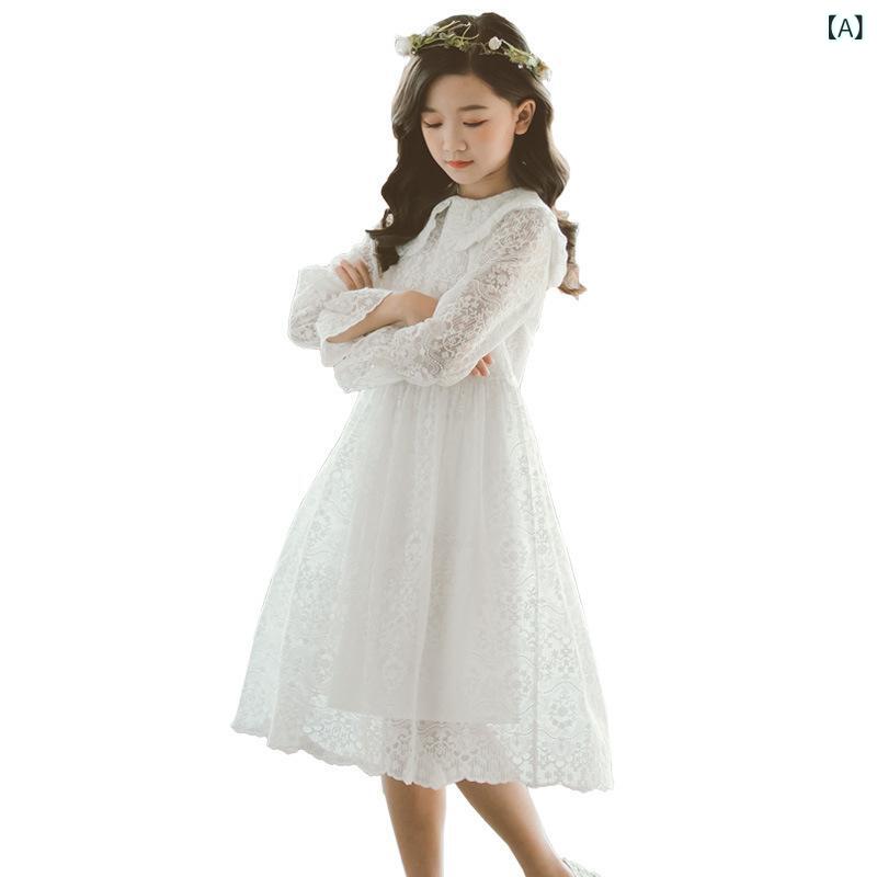 ワンピース 女の子 ガールズ ジュニア キッズ 小学生 ホワイト レース チュール 付け襟 ドールカラー 長袖 ロング丈 プリンセスライン フォーマルドレス 発表会 綿 コットン 親子ペア 春秋