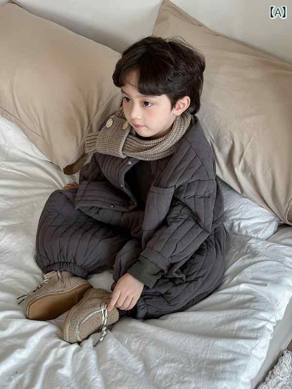セットアップ 子供用 キッズ ベビー 赤ちゃん 男の子 女の子 男女兼用 秋冬 厚手 コットン素材 シャツジャケット あったか 防寒 保温 中綿パンツ 2点セット かわいい カジュアル ルームウェア 通園 普段使い グレー カーキ