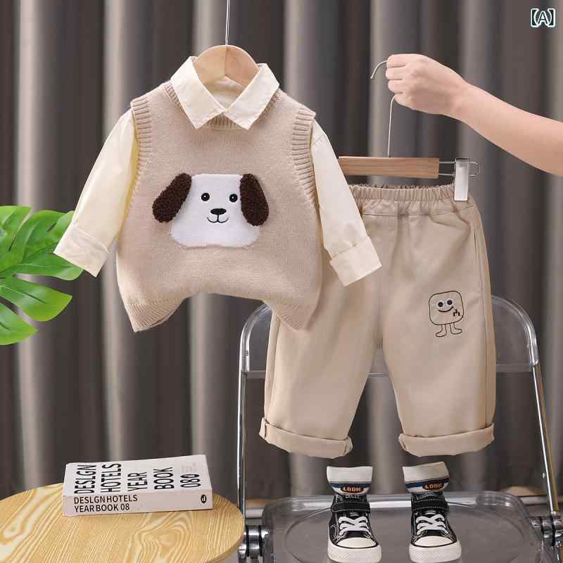 子供服 男の子 ベビー 韓国風 かわいい わんちゃん キャラクター ベスト 長袖 Tシャツ 長ズボン スリーピース セットアップ コットン 綿素材 肌触り 柔らかい 普段使い カジュアル 春秋