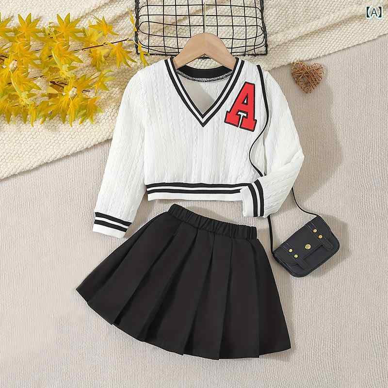 キッズ 女の子 女児 ガールズ スクール風 プレッピー セットアップ 2点セット Vネック ニットトップス 長袖 プリーツミニスカート 春秋 かわいい おしゃれ カジュアル 通学 普段使い ロゴデザイン ブラック