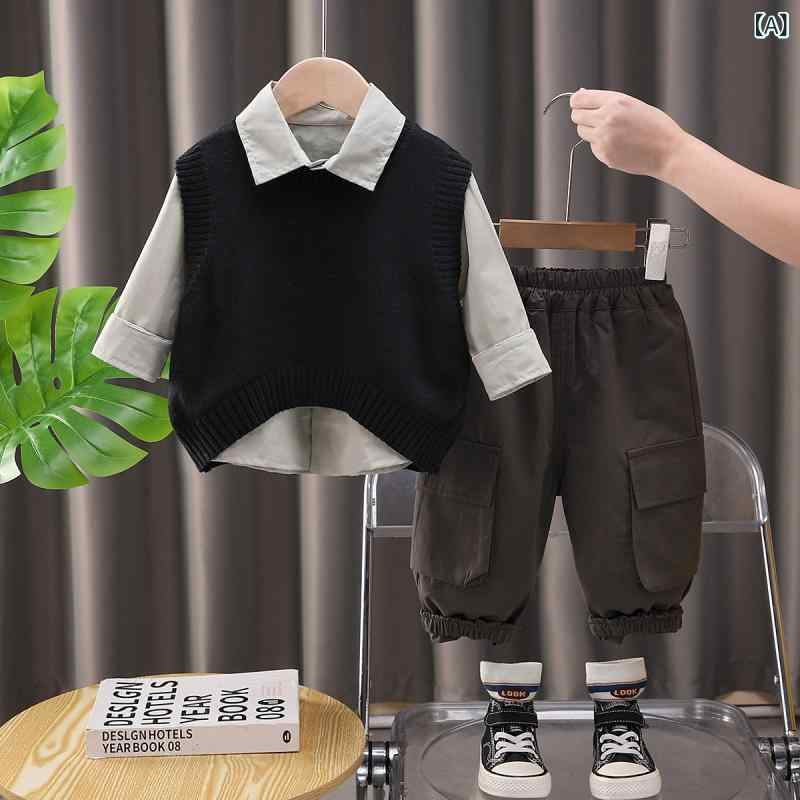 セットアップ ベビー 男の子 キッズ 無地 ニット ベスト 3点セット 綿 柔らか 肌に優しい 長袖 パンツセット 春秋 普段着 通園 お出かけ カジュアル 韓国子供服