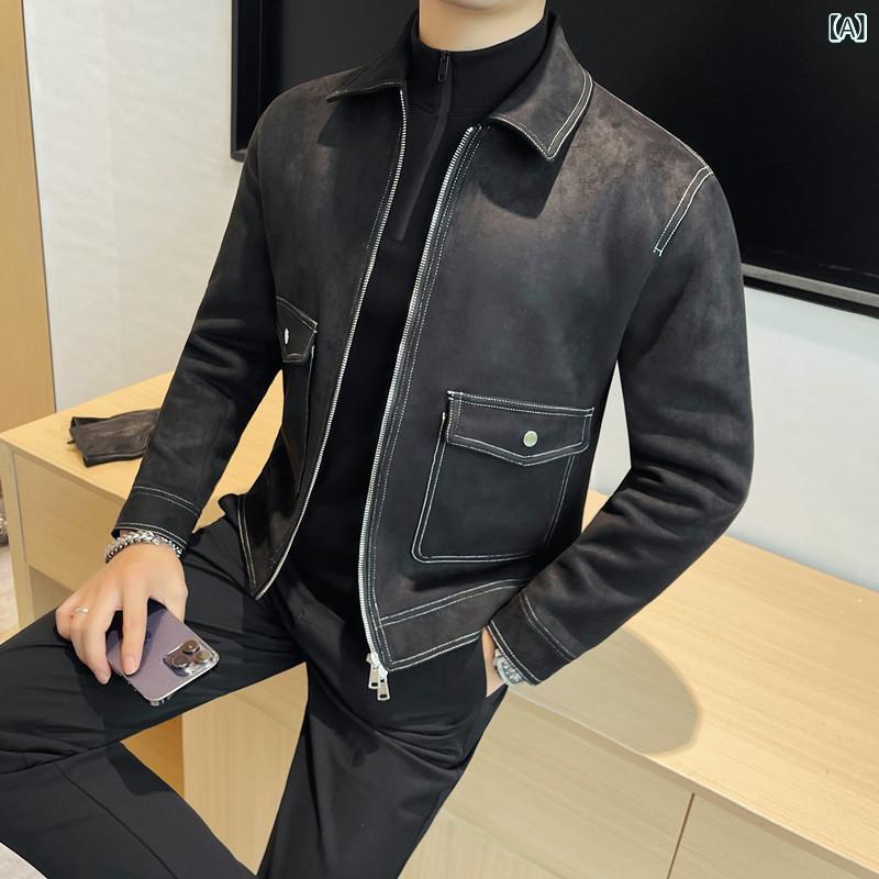 ジャケット メンズ スリムフィット 細身 おしゃれ カジュアル 襟付き 長袖 ビッグポケット ポリエステル素材 耐久性 普段使い 秋冬 アウター