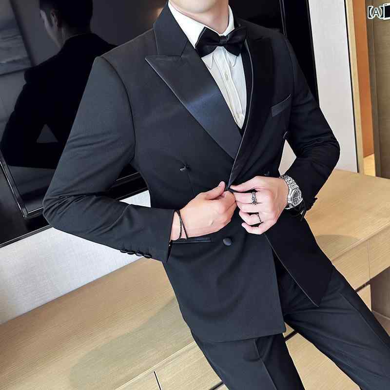 スーツ メンズ 男性用 通年 結婚式 新郎 礼服 フォーマル パーティー ビジネス 韓国スタイル タキシード ピークドラペル ダブルブレスト スリーピース 3点セット スリムフィット ブラック 綿混紡