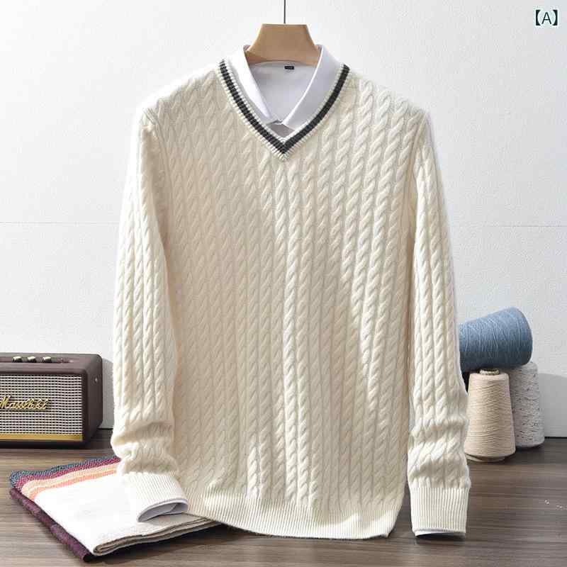 メンズ カシミヤセーター ピュアカシミヤ100% Vネック 長袖 ゆったり 厚手 ケーブル編み アラン模様 プルオーバー シンプルカジュアル 秋冬 ホワイト ミディアムグレー|Hanbok Home
