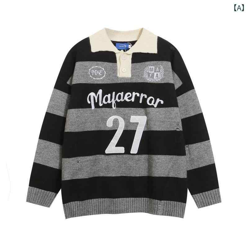 ニット 男女兼用 ユニセックス アメリカンレトロ アメカジ カレッジスタイル プレッピー 配色切り替え レタード刺繍 ロゴ刺繍 襟付き ポロ襟 ストライプ ゆったり オーバーサイズ 長袖 アクリル カジュアル デイリーユース 秋冬