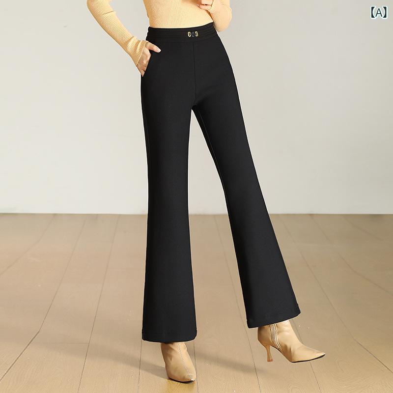 パンツ レディース 裏起毛 厚手 保温 防寒 ウエストゴム ハイウエスト ゆったり リラックス 微フレア カジュアル きれいめ 通勤 普段使い 秋冬 ロング丈 ポリエステル ストレッチ