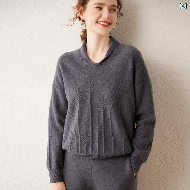 編み物 レディース 秋冬 カシミール混 小さめ襟 ゆったり 落っこちる肩部 ジャガード柄 ティーシャツ 朦々たる 長袖 トップス 通い デイリー 薄墨色 チョコレート赤銅色 モカ赤銅色 オートミール