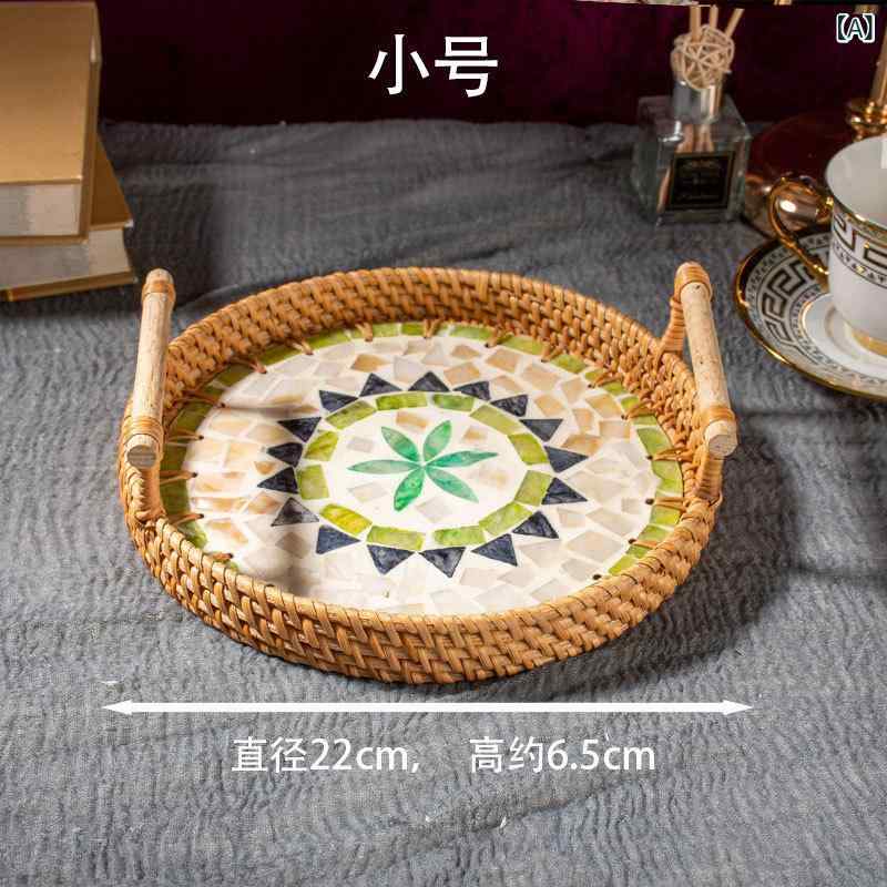 バスケット 東南アジア 手作り ハンドメイド 竹編み トレイ お盆 家庭用 普段使い 収納 茶菓子 スイーツ フルーツ 盛り付け 丸型 持ち手付き ナチュラル雑貨 タイ製 エスニック