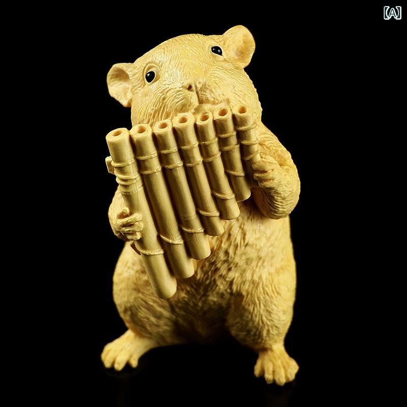 置物 柘植木彫り ハムスター 鼠 干支動物 楽器演奏 木彫刻 インテリア装飾 卓上 オブジェ アジアン風 かわいい 飾り プレゼント 開運