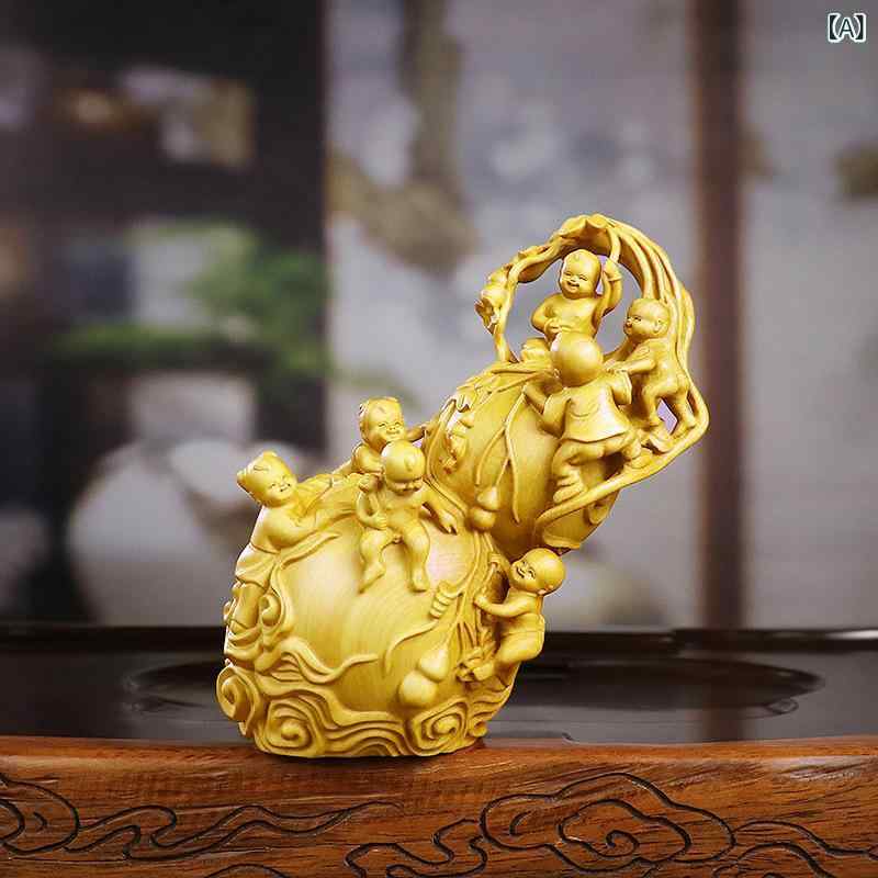 置物 黄楊木製 ツゲの木 手彫り 彫刻 中華風 インテリア 瓢箪 子孫繁栄 開運 縁起物 オブジェ コレクション 贈り物 デコレーション|Hanbok Home