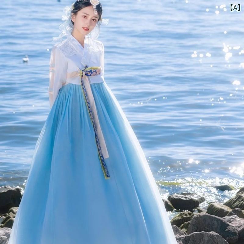 韓服 レディース 青色 青 公方お召しもの チュールドレス シフォン 民族お召しもの 窈窕たる 奥ゆかしい 映画化 でき事 一こま 社交ダンス コスプレ レディースファッション-ドレス