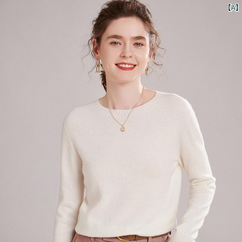 ニット レディース 女性用 カシミヤ混 ラウンドネック 長袖 無地 プルオーバー トップス ゆったり ストレート シンプル カジュアル 通勤 普段使い 上品 着回し 快適 あたたかい 一体成形