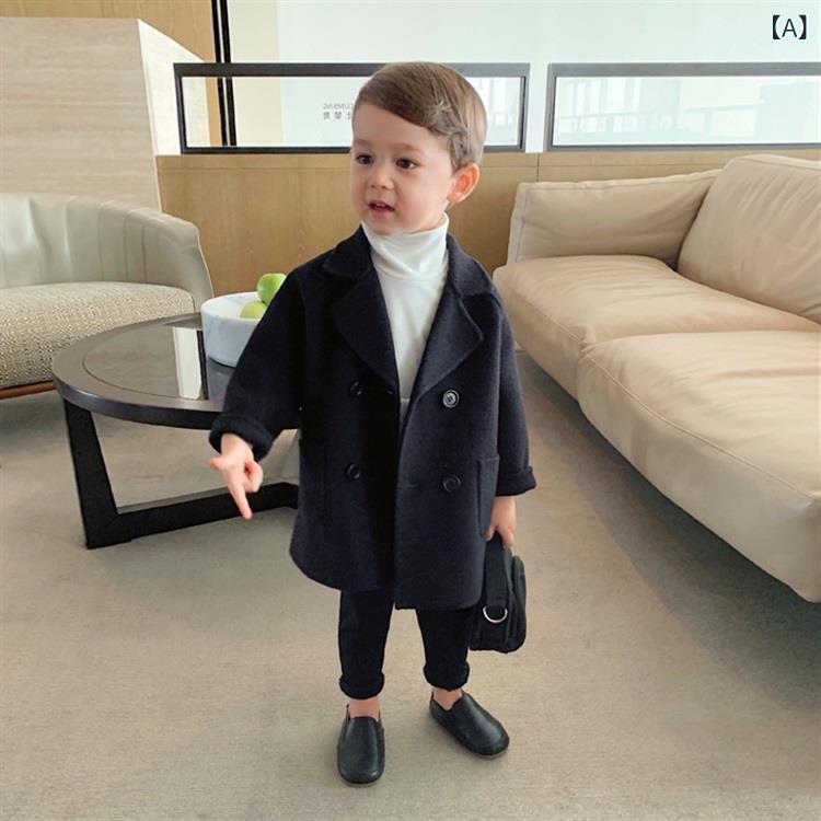 キッズ 男の子 ボーイズ 秋冬 ウールメルトン コート アウター ジャケット ミドル丈 ハーフ丈 韓国ファッション おしゃれ トレンド Vネック コットン 綿 ナイロン アセテート 普段使い カジュアル ブラック グレーチェック キャメル 幼児 小学生