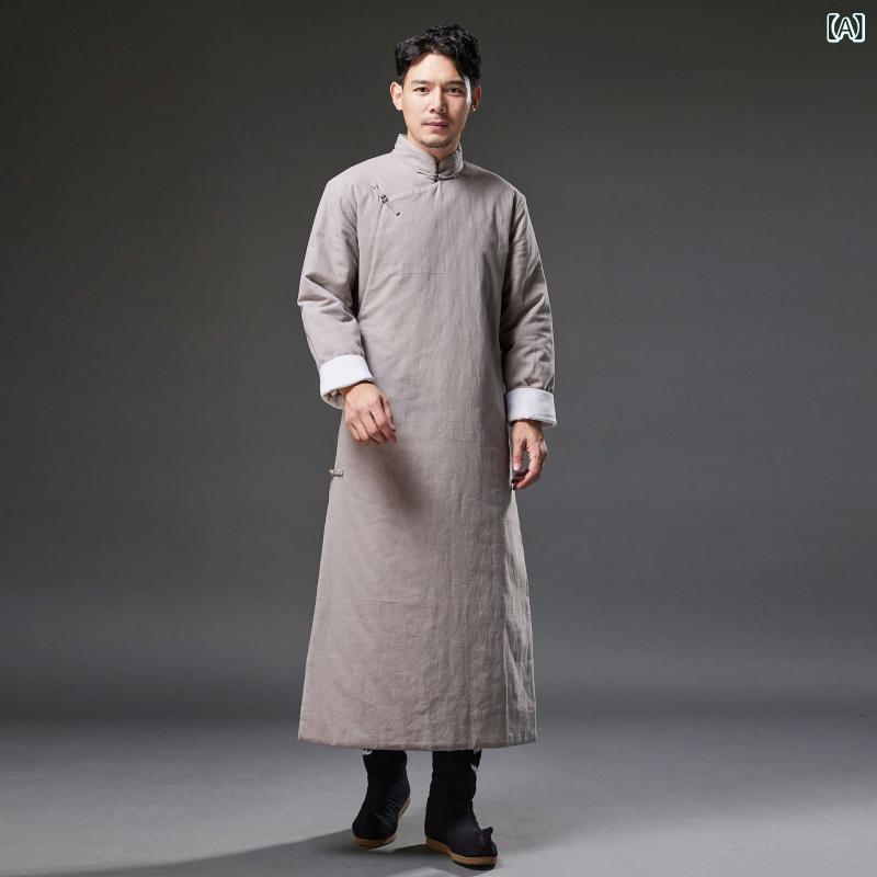 チャイナ服 メンズ 秋冬 中綿入り 盤ボタン ロングガウンコート ラミー素材 レトロ 民族衣装 演劇 舞台衣装 サイドポケット付き