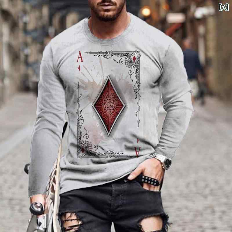 Tシャツ メンズ 男性用 長袖 ロングスリーブ クルーネック 丸首 レトロ ヴィンテージ 欧米スタイル アメカジ トランプ柄 3Dプリント グラフィック 薄手 ポリエステル素材 春秋 カジュアル 普段使い ストリート系 プルオーバー トップス