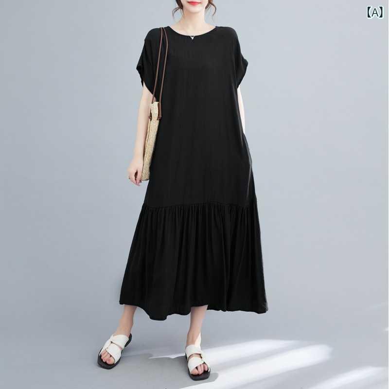 ワンピース レディース ゆったり 大きいサイズ マキシ丈 フリルスカート ラウンドネック 長袖 綿麻 カジュアル 春夏 お出かけ 普段使い ブラック カーキ ブルー