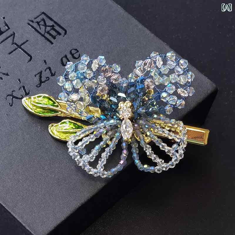 ヘアアクセサリー レディース 高級感 クリスタル 蝶モチーフ 手作り ヘアクリップ 髪飾り バレッタ サイド 前髪留め ピンチ 小さめ かわいい 上品 エレガント 韓国風 春夏 グリーン パープル ブルー