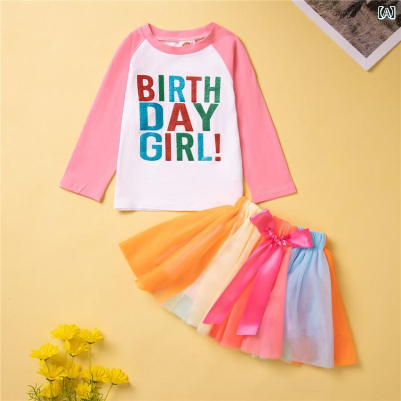 セットアップ 女の子 秋冬 誕生日 かわいい スイート プリント 長袖トップス チュールミニスカート 綿混 ポリエステル スカートセット お出かけ イベント 発表会 カジュアル