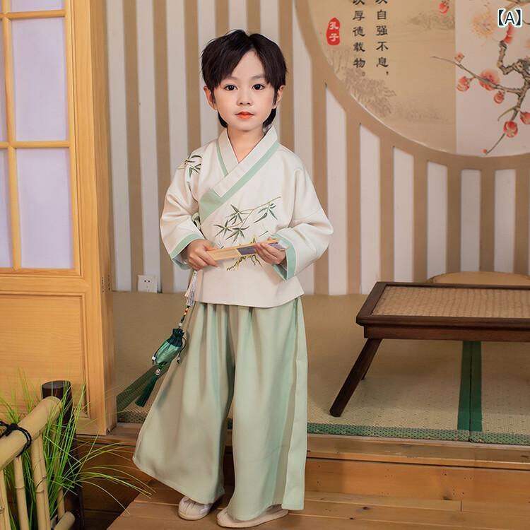 唐装 男の子用 キッズ 漢服 秋冬 古風 中国風 民族衣装 綿混 ニット セットアップ 柔らかい 発表会 舞台 8歳以上向け 竹 蘭 花柄