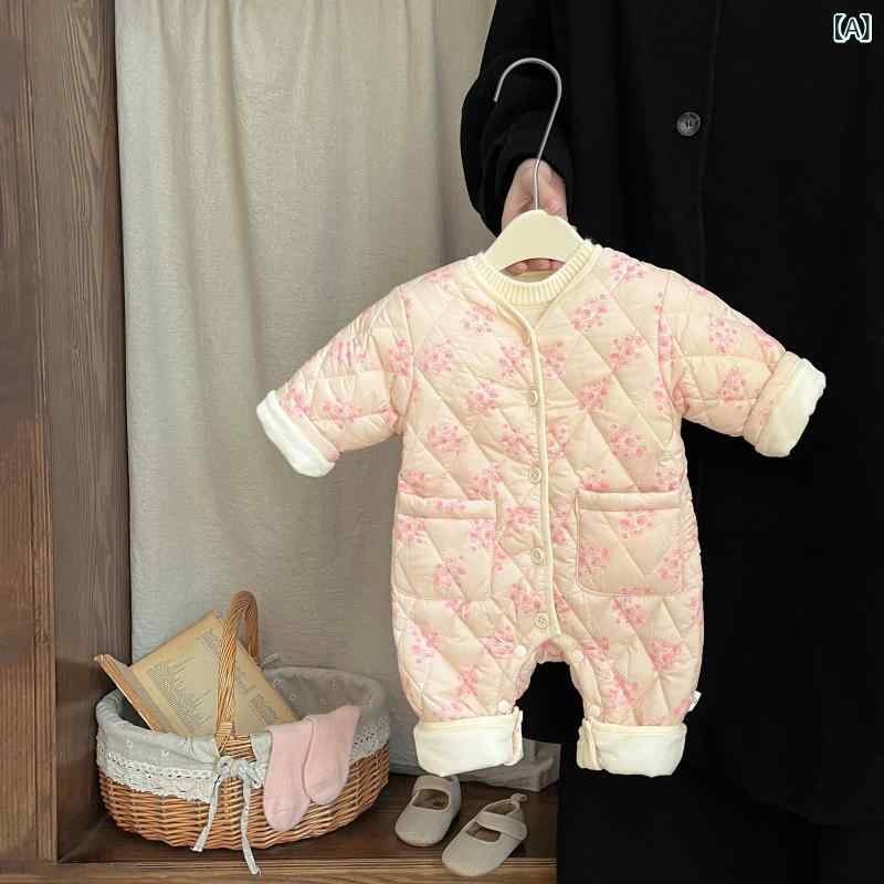 ロンパース カバーオール ベビー 女の子 冬物 かわいい 中綿入り 裏起毛 小花柄 プリンセス おしゃれ 厚手 あったか 韓国風 スナップボタン お出かけ着