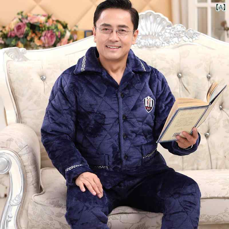 パジャマ メンズ 男性用 秋冬 ルームウェア 寝巻き フランネル サンゴフリース コーラルフリース 3層 厚手 極厚 裏起毛 中綿入り あったか 保温 長袖 長ズボン セットアップ 快適 高級感