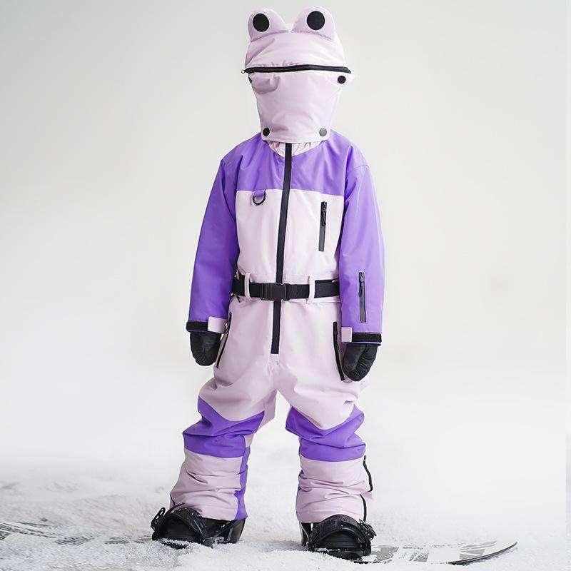 スキーウェア 子供用 男女兼用 かわいい カエル つなぎ フード一体型 防風 防水 高透湿 雪遊び ウィンタースポーツ 撥水 暖かい 耐摩耗 冬 ピンクパープル ポリエステル