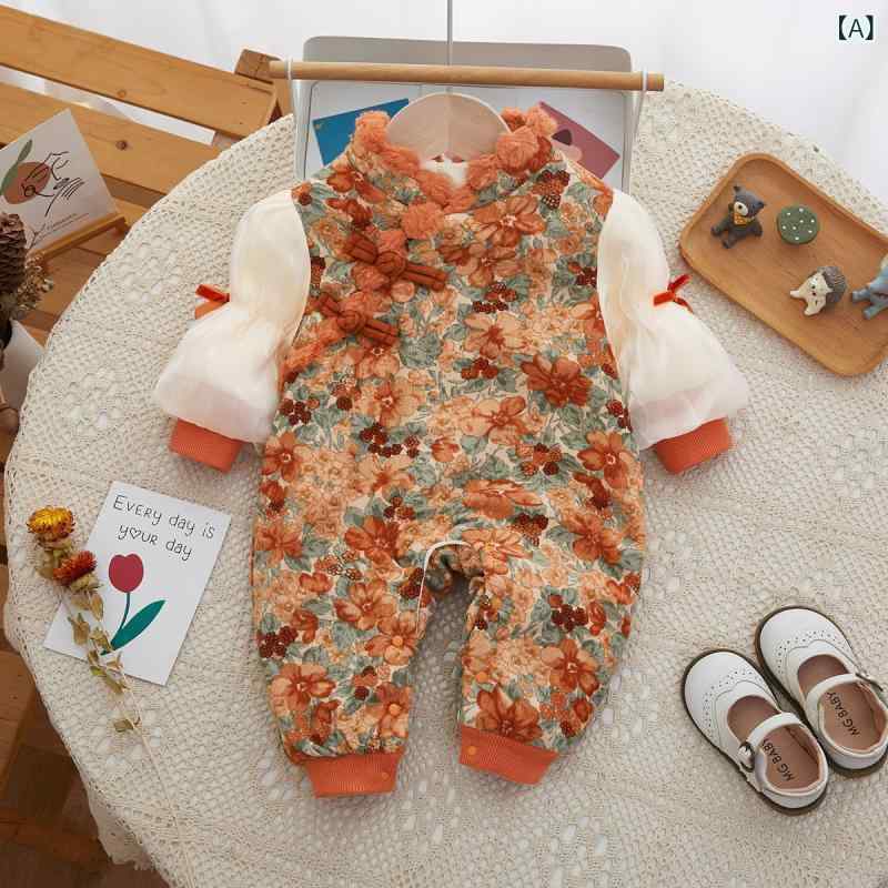 ロンパース 女の子 ベビー 新生児 秋冬 裏起毛 厚手 あったか チャイナ風 レトロ 飾りボタン 長袖 ポリエステル カバーオール お出かけ 普段着 オレンジレッド系